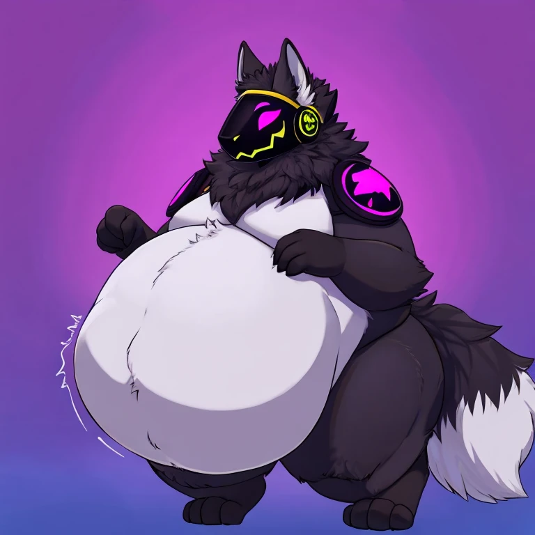 Wolf, female, long hair,hyper breasts, purple hair, black body, purple stripes, purple bikini, saggy breasts, enormous breasts, huge hips, enormous thighs