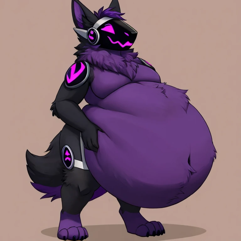 voicemod protogen, happy expression, female, unhumanly gigantic breasts, hyper breasts, unhumanly thick thigs, hyper thigs, unhumanly gigantic ass, hyper ass, slim waist, striped thighhighs, striped arm warmers, multicolored fur, multicolored hair, white fur, blue fur, black fur, extremely long fur, extremely fluffy fur, hyper fur, extremely long tail, extremely fluffy tail, black latex bra, black latex shorts