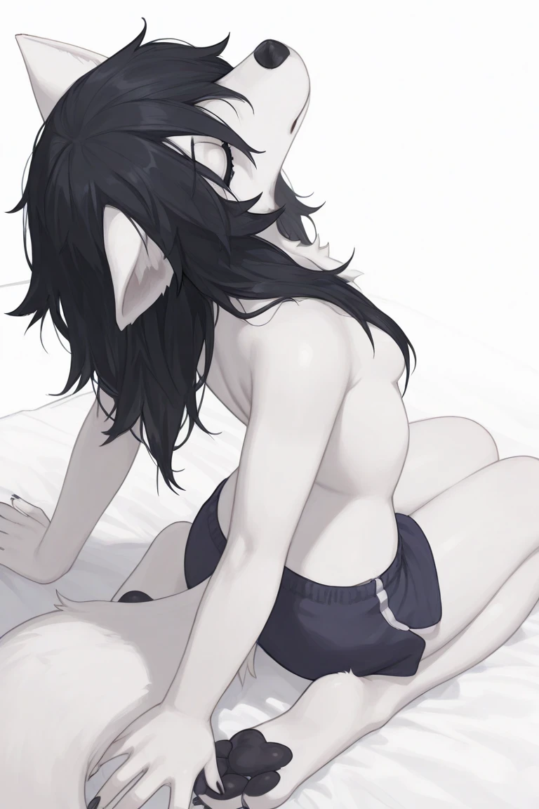 score_9,score_8_up,score_7_up, source_furry, a young Anthro furry wolf woman, white furry body, detailed white fur, tall and skinny, long black messy hair, white wolf tail, white fox ears, hair covering one eye, long bangs, long black hair, blue eyes, black glasses, white wolf tail, naked, wearing only black thigh high socks, pouting, she is lying flat on her stomach, sex, pov sex, she is getting fucked from behind by viewer, viewer is spreading her ass cheeks, rear view,