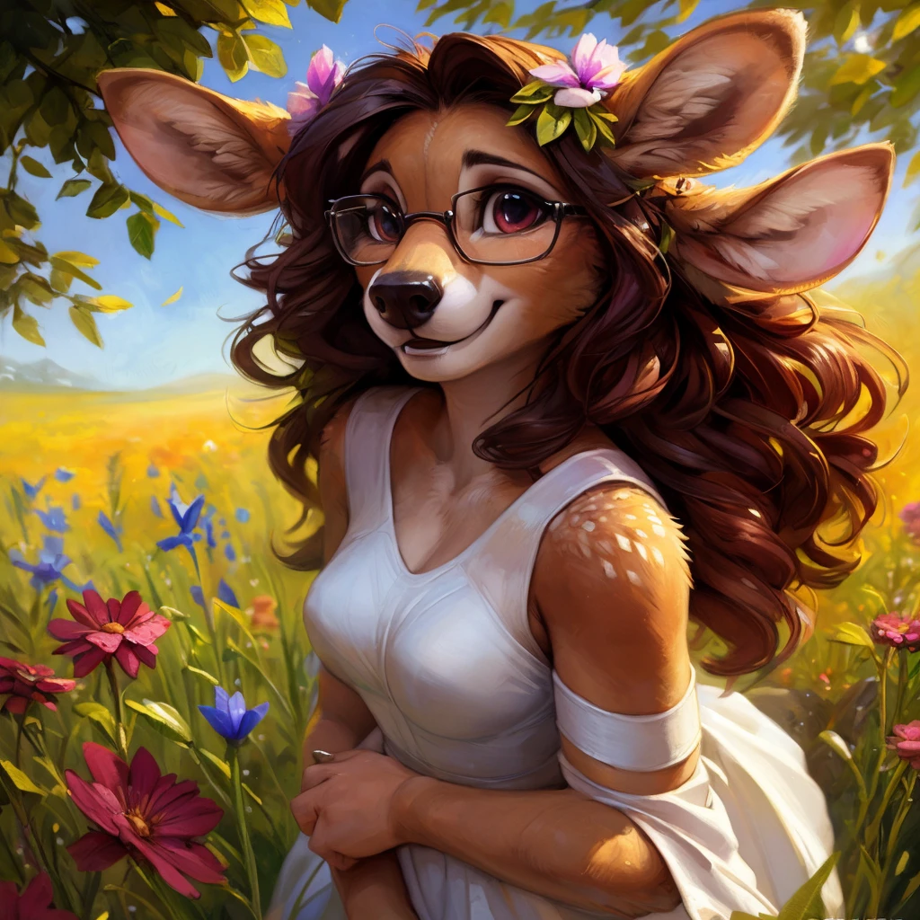 uploaded on e621, watercolor look, by Pixelsketcher, by Bayard Wu, by Thomas Benjamin Kennington , by Einshelm, by hioshiru and kenket, Chunie, portrait, solo anthro female deer doe, with small featureless breasts, clear dark blue, cinematic lighting, day, sunny day, lavender field, stays in a wildflowers field, wildflowers field background, mediterranean background, horizon background, shiny, short curly dark brown hair, wears big black nerd glasses, very very beautiful furry art, furry art, smiling, joyful, shiny, happy, feminine, cute face, muzzle, fluffy chest, flawless face, Fallow deer, 1girl, Sakimichan is beautiful, Masterpiece, Wavethesallow Face, shiny, Detailed image, portrait, Detailed image, portrait, full body, wears pure white short spaghetti straps dress, wears a wildflowers wreath, shiny, realistic face, perfect anatomy, hourglass body, (furry body:1.1), anthropomorphic deer, looks at the viewer, small fluffy tail, detailed background, (cute anatomy:1.1), stands in a wildflowers field