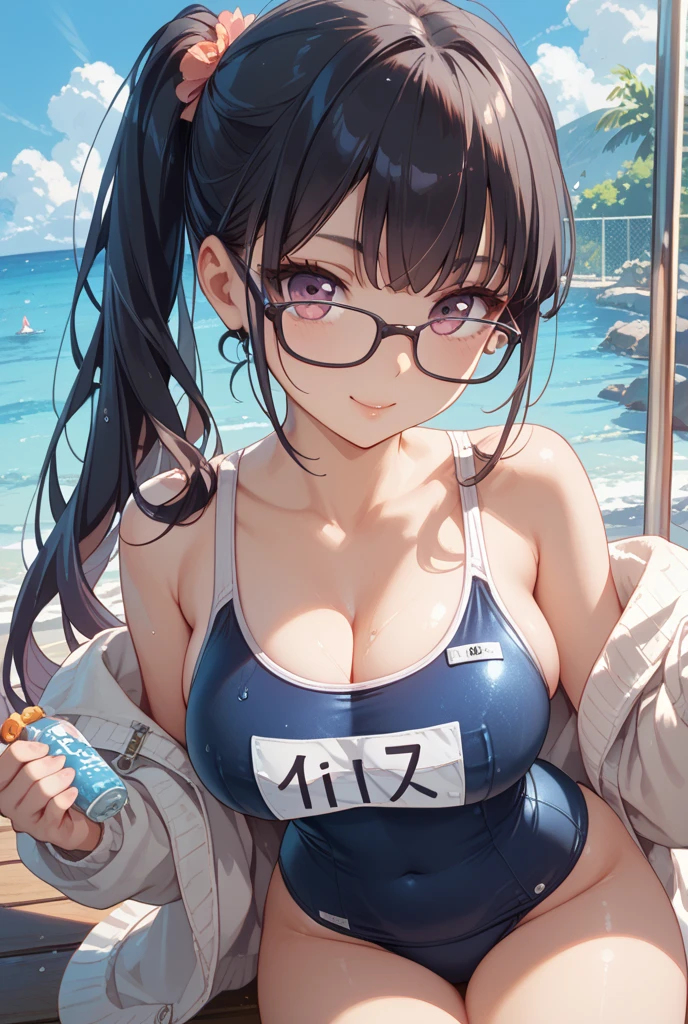 Great masterpiece、Super delicate、1girl in、eye glass、Pure、Braids、a necklace,Fancy Bikini、tongue-out、Cute anime illustration、