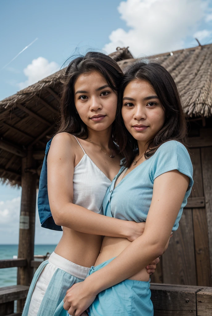 (upperbody:1.2) portrait of (2 girls:1.5), beautiful indonesian girls in nude body, long simple headscarf, serene expression, detailed facial features, flawless make-up, intricate embroidered patterns, (exposed hanging breast:1.2), slim body, sitting side by side with (crossed-legs, knees up), elegant pose, on the wet grassfield, many people around, ((low angle, seen from below):1.3), (facing forward:1.2), soft natural lighting, photorealistic, highly detailed, 8k, cinematic, dramatic, natural color tones, snowy atmosphere