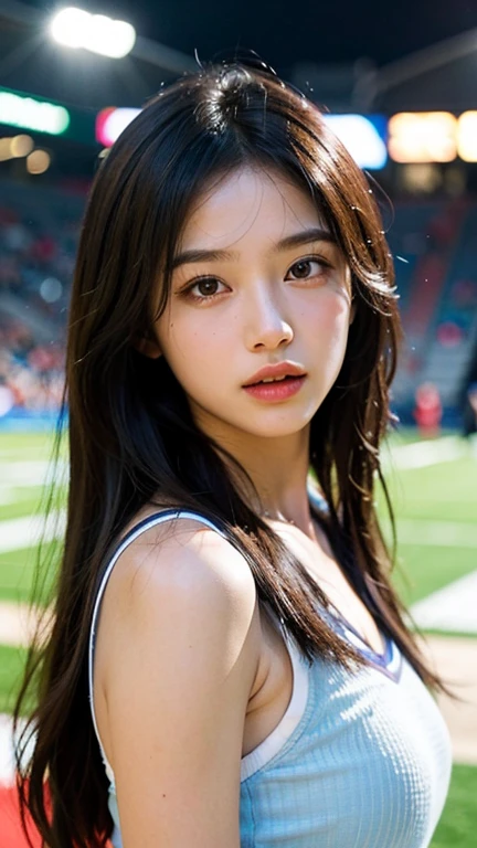 (realistic, high resolution:1.3), 1 girl with a perfect body, Very detailed face and eyes,long hair, Tank top of random color:1.2, short jeans, big girl,Revealing the cleavage, soccer ball in hand,(environment,Football Field)