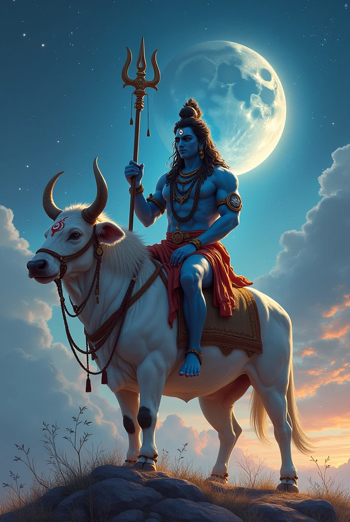 a powerful muscular lord shiva sitting on a giant muscular cow nandi, blue tinted night sky with cloudy moon, lord shiva holding trishul, nandi walking on water, tiny buildings, tiny human,  fantasy landscape, (best quality,4k,8k,highres,masterpiece:1.2),ultra-detailed,(realistic,photorealistic,photo-realistic:1.37),dramatic lighting,cinematic composition,intricate details,vibrant colors,mystical atmosphere, 