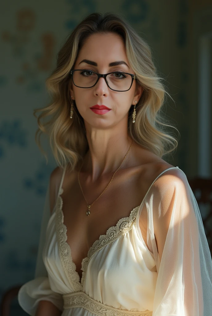 Masterpiece, Livia is a beautiful nerdy 30 year old Ukrainian woman, glasses, messy hair, ultra short blonde hair, square face, button nose, pale skin, awkward, legs, ultra-short light transparent sundress, HD, (detailed skin texture:1.1), best quality, ultra high res, (photorealistic: 1.4), Raw photo, by Ellen von Unwerth, D850 Film Stock Photography, F1.6 Lens, Rich Colors, Realistic, Cinestill 800, backlight, rimlighting, sunlight, looking at the viewer