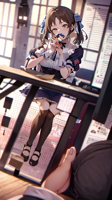 nsfw,Cute Girl、long hair,((from Below:1.3))、mini skirt、white panties、Sitting in a chair、At the window in the classroom、high school,dynamic angle,blush,sweat、Crying face