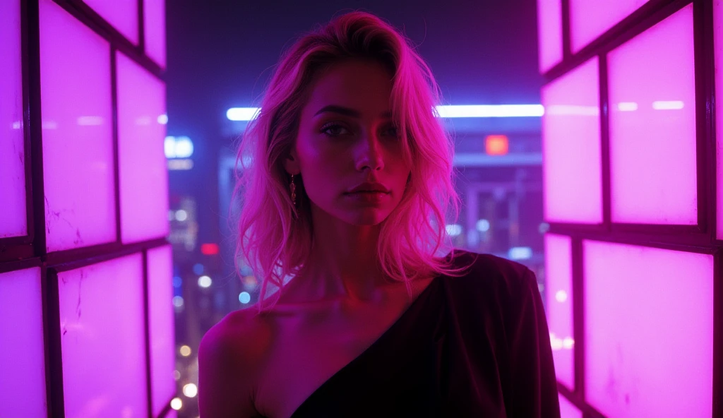 Blond girl wear black suit in the pink light neon city 