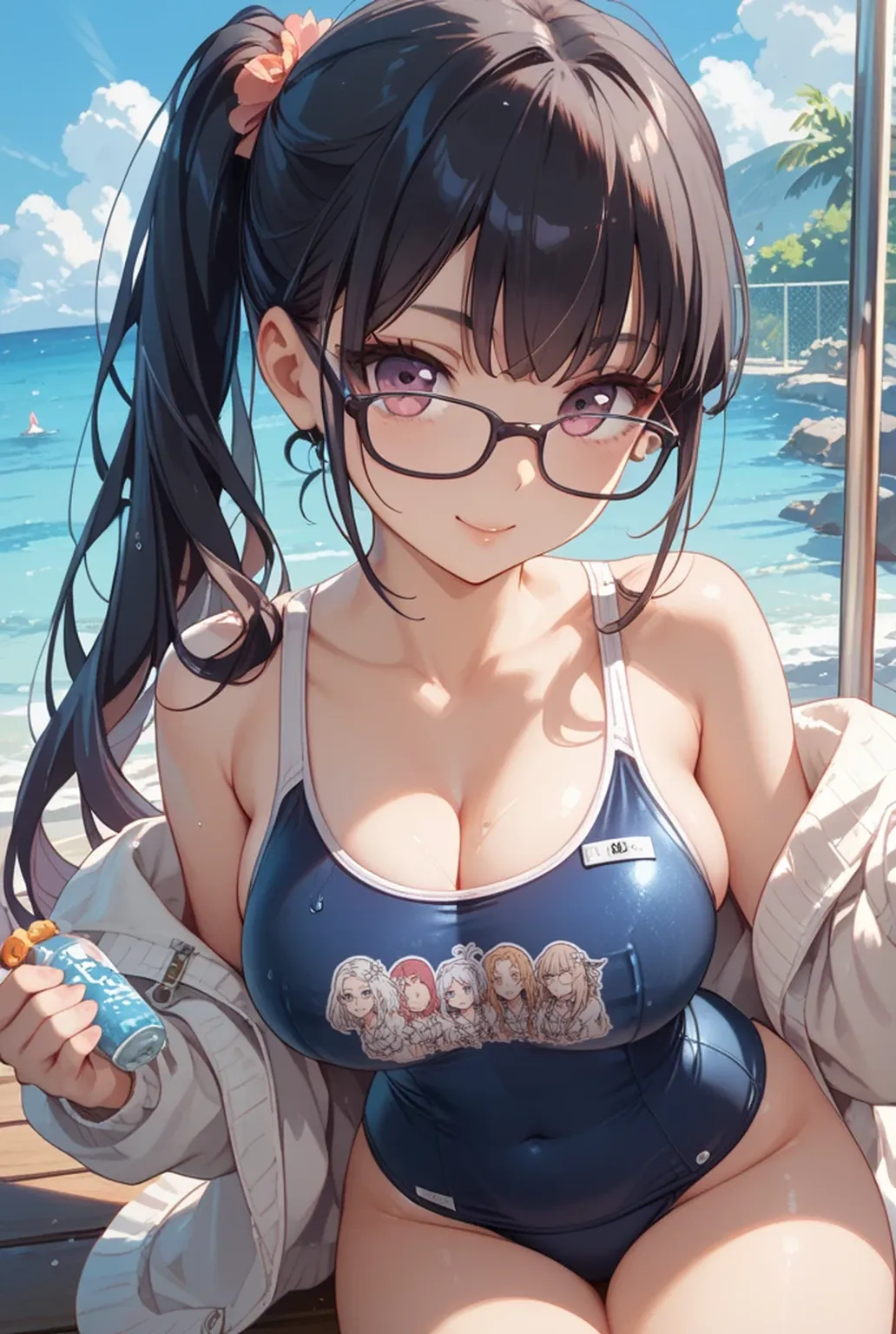absurd, 8k, high resolution, ultra detailed, wallpaper, perfect lighting, beautiful skin, perfect shadows, beautiful eyes, detailed eyes, detailed face, masterpiece, best quality, detailed clothing, full body, young girl, voluptuous body , embarrassed and shy face, huge breasts, huge thighs, wears a summer dress, is walking near the sea at sunset, holds a can of monster, black hair with two pigtails and bangs that cover one eye, purple eyes with shaped pupils from the heart, wear glasses