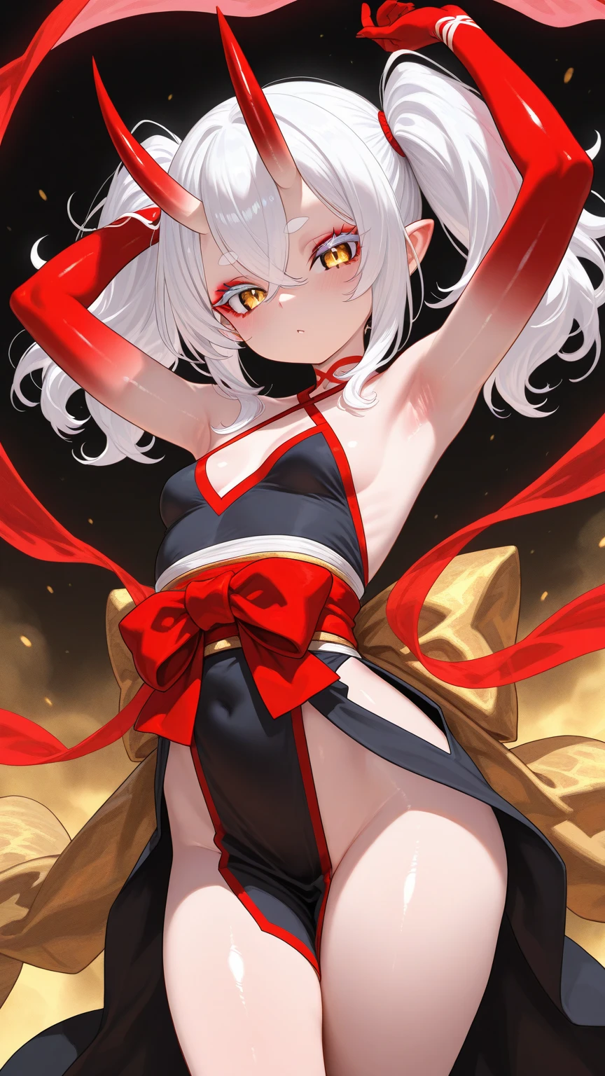 1girl, Alisa Mikhailovna Kujou, beautiful, serious face, red ribbon, hair ornament, naked, hentai, leg spread