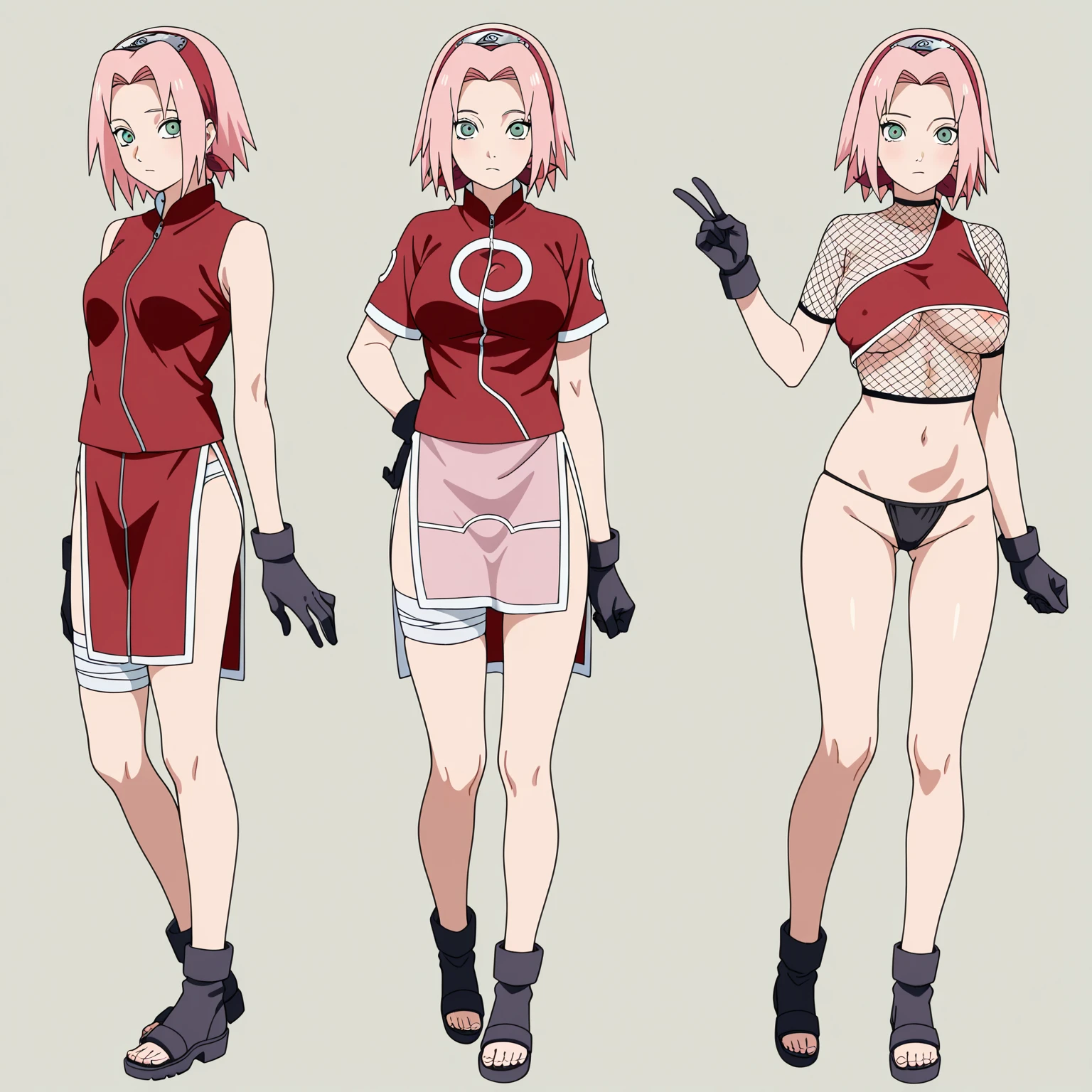 source_anime,
1girl, haruno sakura, pink hair, short hair, green eyes, sleeveless, red shirt, forehead protector, beautiful legs, black gloves,
standing, pussy, bottomless, full body, looking at viewer, solo,  konoha background, konohagakure hiden village background
 