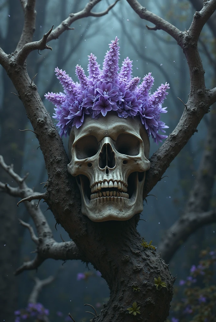 skull, zombie, lilac flowers background, crazy, bokeh, Giorgio de Chirico, coastal broadleaf forest,  
