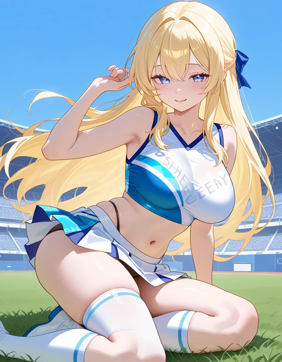 Highest quality,masterpiece,Blonde with blue eyes、Cheerleader、foxtail,foxear,Beautiful breasts、Twin tails、Girl&#39;s cute eyes,(BaseballStadium1.1,),,jumping,under boob,enjoy,