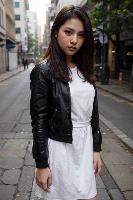 Upper body of a beautiful woman, 18 years old, Indonesian, cheerful, black T-shirt, black jacket and white pleated skirt, street in the historic part of Paris, in the evening
