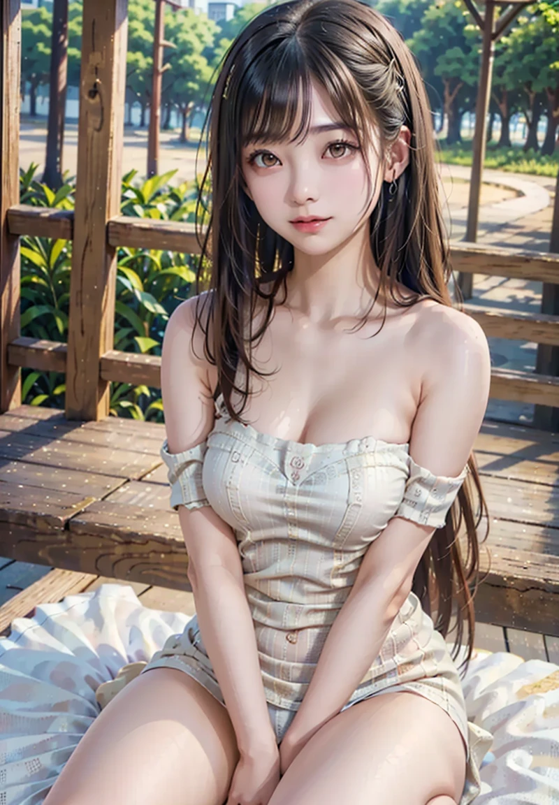 asian girl, best quality, masterpiece, high_res, 1girl, hair ornament, upon body, tyndall effect, photo realistic, rim lighting, two tone lighting, (high detailed skin:1.2), 8k uhd, dslr, soft lighting, high quality, volumetric lighting, candid, Photograph, high resolution, 4k, 8k, white and purple dress, off shoulder, cleavage, sitting, sunset, twintails, blonde hair, bokeh, heart choker,