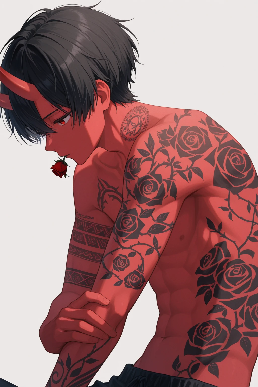 Young Man，((bob wolf，Half Up，dark red，Red-brown，Smooth))hair，((((Rose pattern))Short sleeve))shirt，((blackの))tie，Roll up your sleeves，((black，Japanese style))pants，((((On the back of the right hand))azimuth magnetic needle))tattoo，((((A lot on the left arm))Sixty-four trigrams))tattoo，1 person，((Boy leaning forward))Character Portrait，White Background