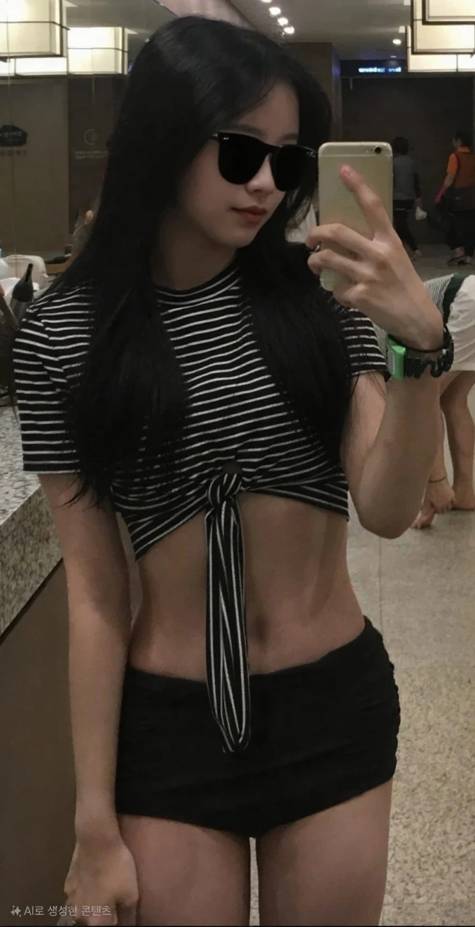 A selfie of a girl with long black hair wearing a dark blue crop top