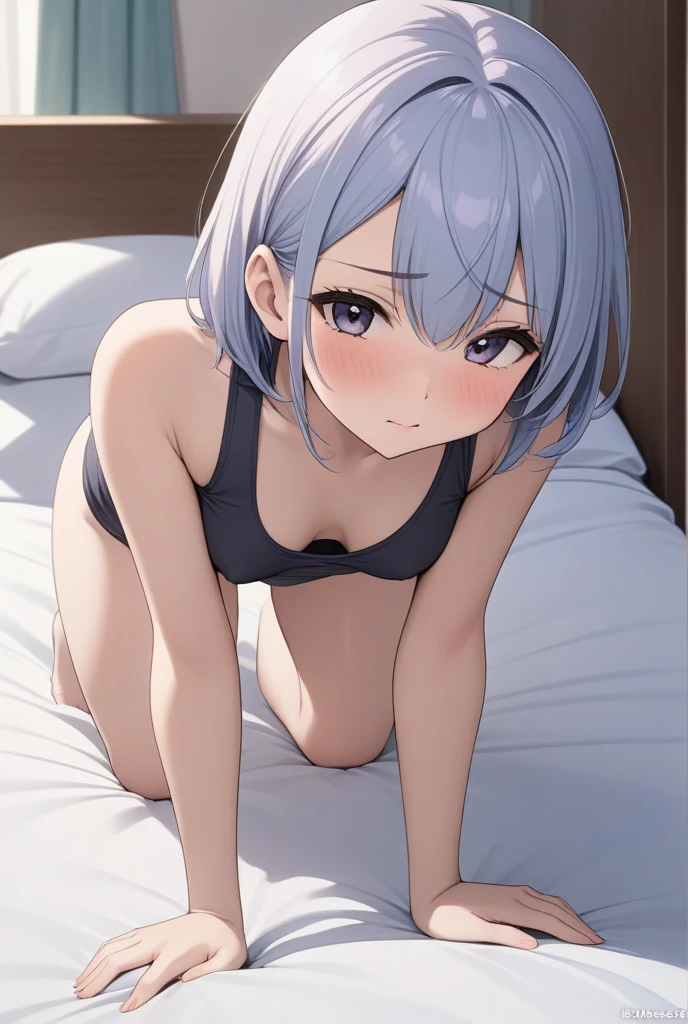 1 girl,Solo,long and shot hair,masterpiece, best quality, very aesthetic, absurdres,arms,face,hands,purple and blue,two tone color,v_arms,breasts,hand_between_legs,Bikini,Cleavage,medium hair,side-tie_bikini_bottom,feet,Cameltoe, straddle,Covered nipples,pov,pussy