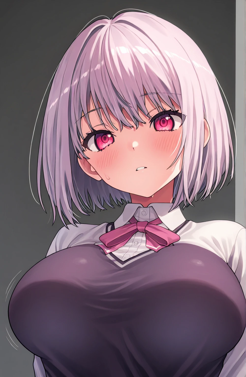 Semen、eat、spoon、Ultra-detailed illustrations、Ultra-precise expression、masterpiece、Highest quality、ultra High resolution、High resolution、Hiromitsu Takeda Style、White background、Simple Background、Mash Kyrielight、light purple hair,short hair,hair over one eyes、Black sleeveless dress, White collar、Red tie、Black Pantyhose、Brown short boots、Purple eyes、Vulgar expression、smile、Open your mouth、Choker of Hearts、White Breath、Sweat、Glowing Skin、shiny skin、Side angle、Put the plate、、semen、