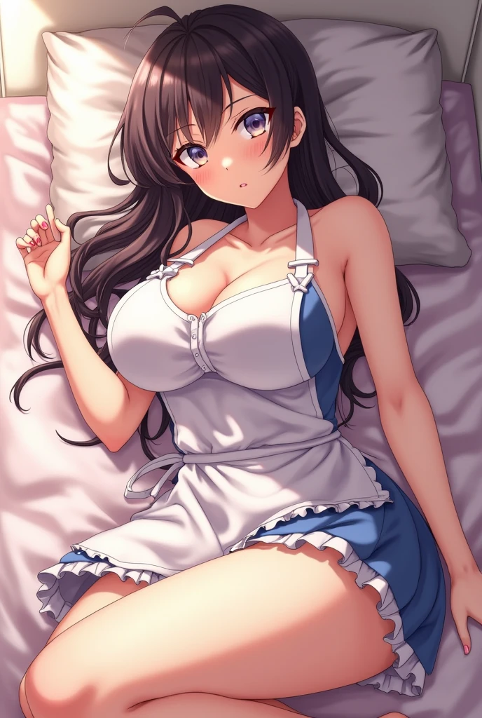 Shooting in bed,whole body,Miku Nakano, Miku Nakano Chick III, Long Hair, Bangs, Blue eyes, Brown hair, Hair between the eyes,Big Breasts,Cleavage,Maid outfit,White and black maid