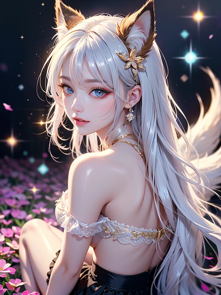 (a very delicate and beautiful）、femele、The human、（独奏）、skinny  body、The long-haired、White hair、de pele branca、Big golden eyes、White Prom Dresses、a smile、gentle、Front angle from chest up、Glitter background、angel image、（facing front、（Feels like a prank）、