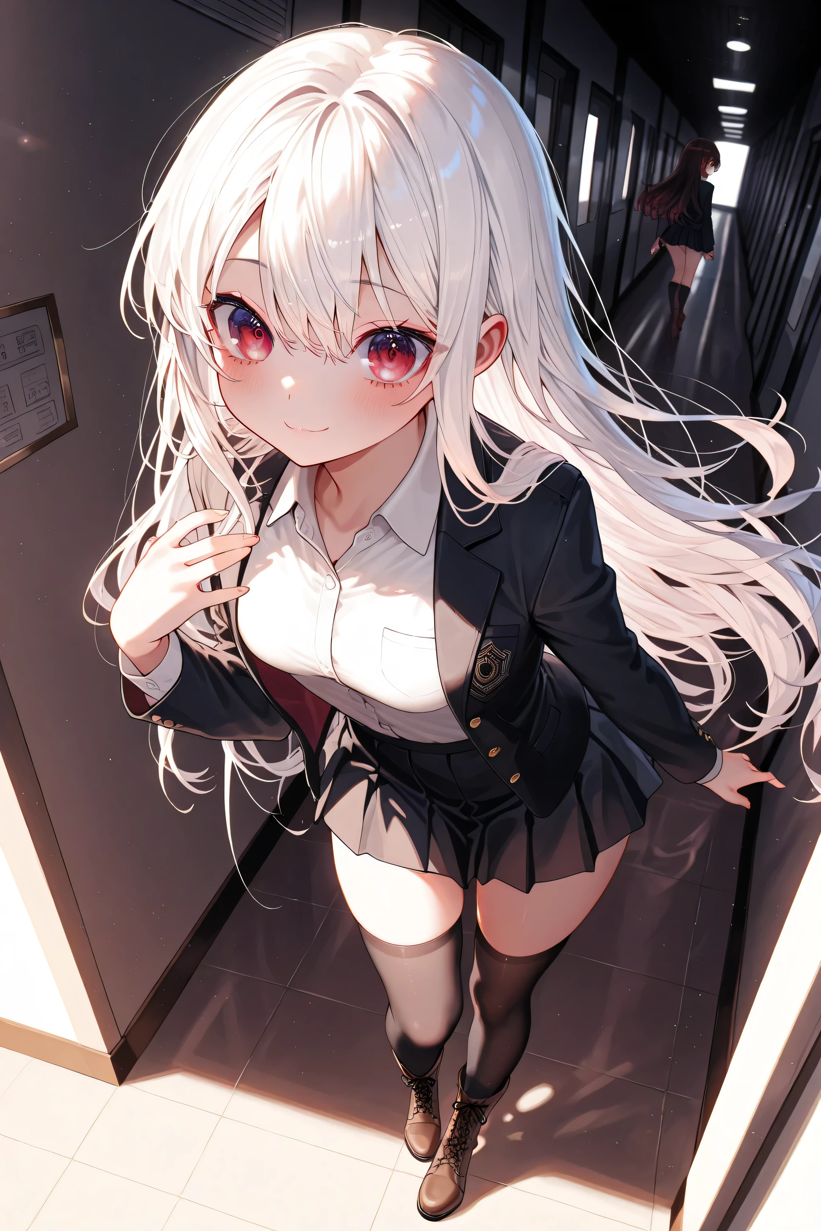 (最high quality, High resolution, masterpiece:1.2), Realistic, Detailed Female Portrait, suit skirt, lace thong, garter belt, Beautiful and slim legs, length, Flowing white hair, bright pink eyes, masterpiece smile, high quality, office,