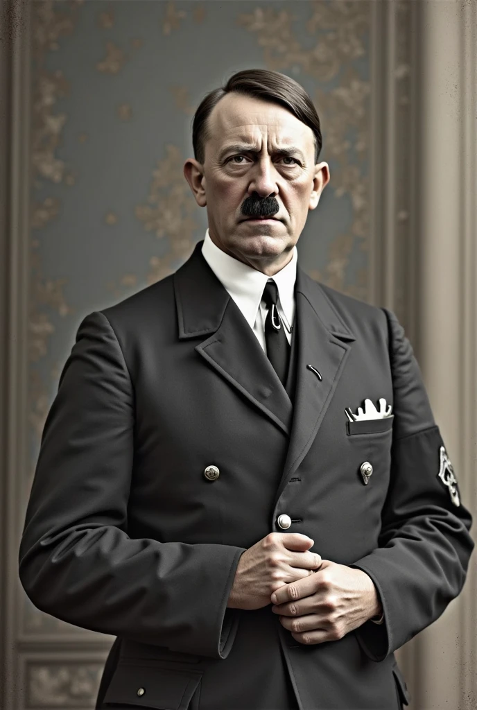 1boy, hitler,<lyco:hitler:1.0>, male focus, solo, realistic,Fury,Anger,upper body, black eyes,(((A white suit, a white tie, and a white handkerchief in the breast pocket)))