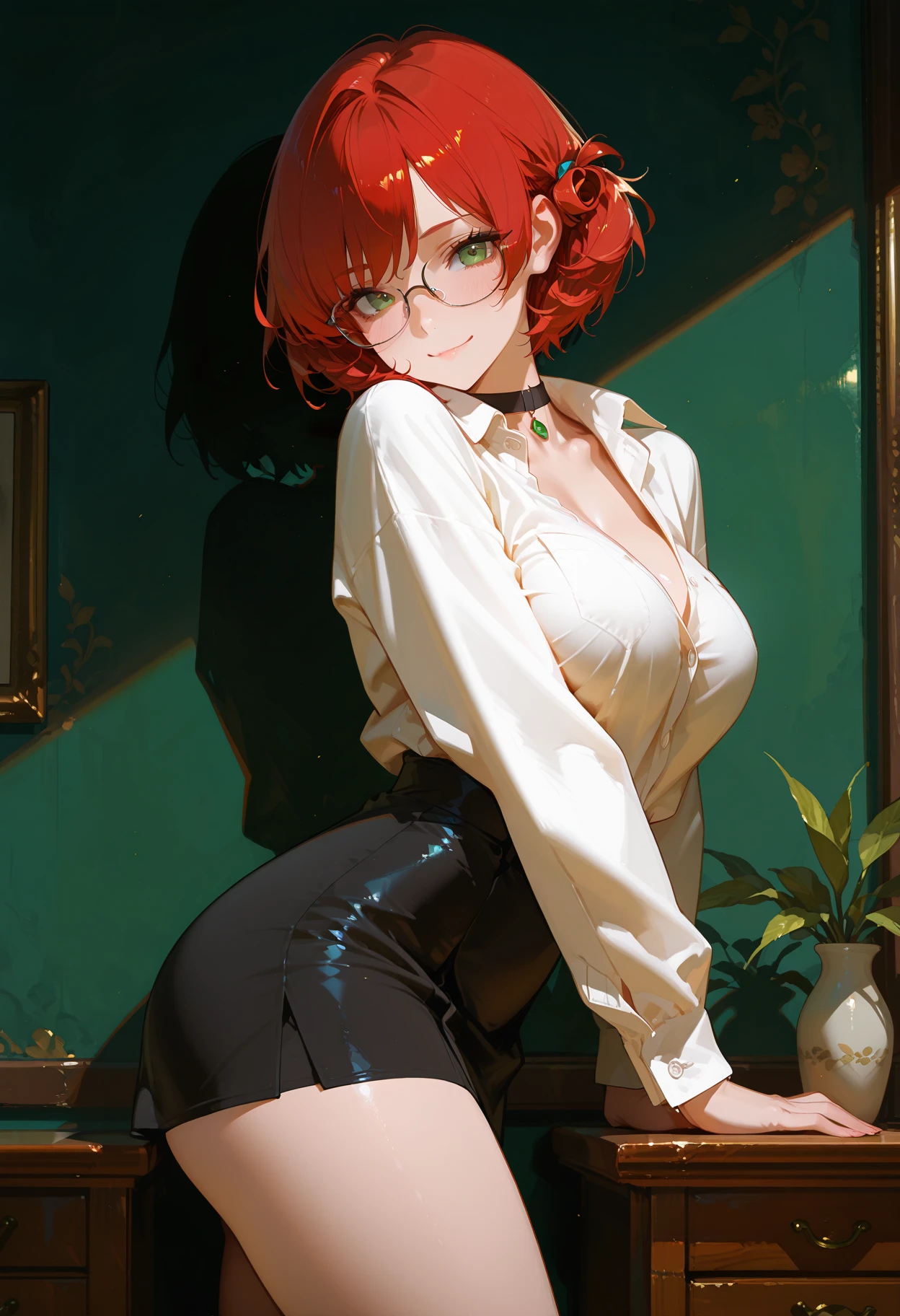 1 girl, masterpiece, best quality, highres, ro1, Misty from pokemon, green eyes, half-closed eyes, spectacles), a come-hither face, smirk , parted lips, nose blush, blush, facing viewer, looking at viewer, solo, business suits, business jacket, black jacket, white y-shirts(buttons), pleats skirt, black leather skirt, black leather thighhighs, in the classroom, night time, sitting, sitting on desk, spread legs, black silk panties, come-on, lure, Sexy waist teasing, , from_below , full body, soft breasts, unbuttoned shirt, belly exposed