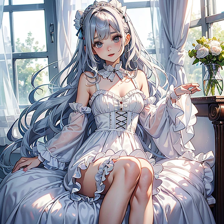 silber hair,butterflys,Long grey hair,Light pink wedding dresses,8k wallpaper,detailedbackground,Highest high resolution,Deep V Big,Hair covering one eye,Bandeau Wedding Dress,chies,white roses and pale pink roses,tight fitted,Stockings,(((perfect and cute hands)))