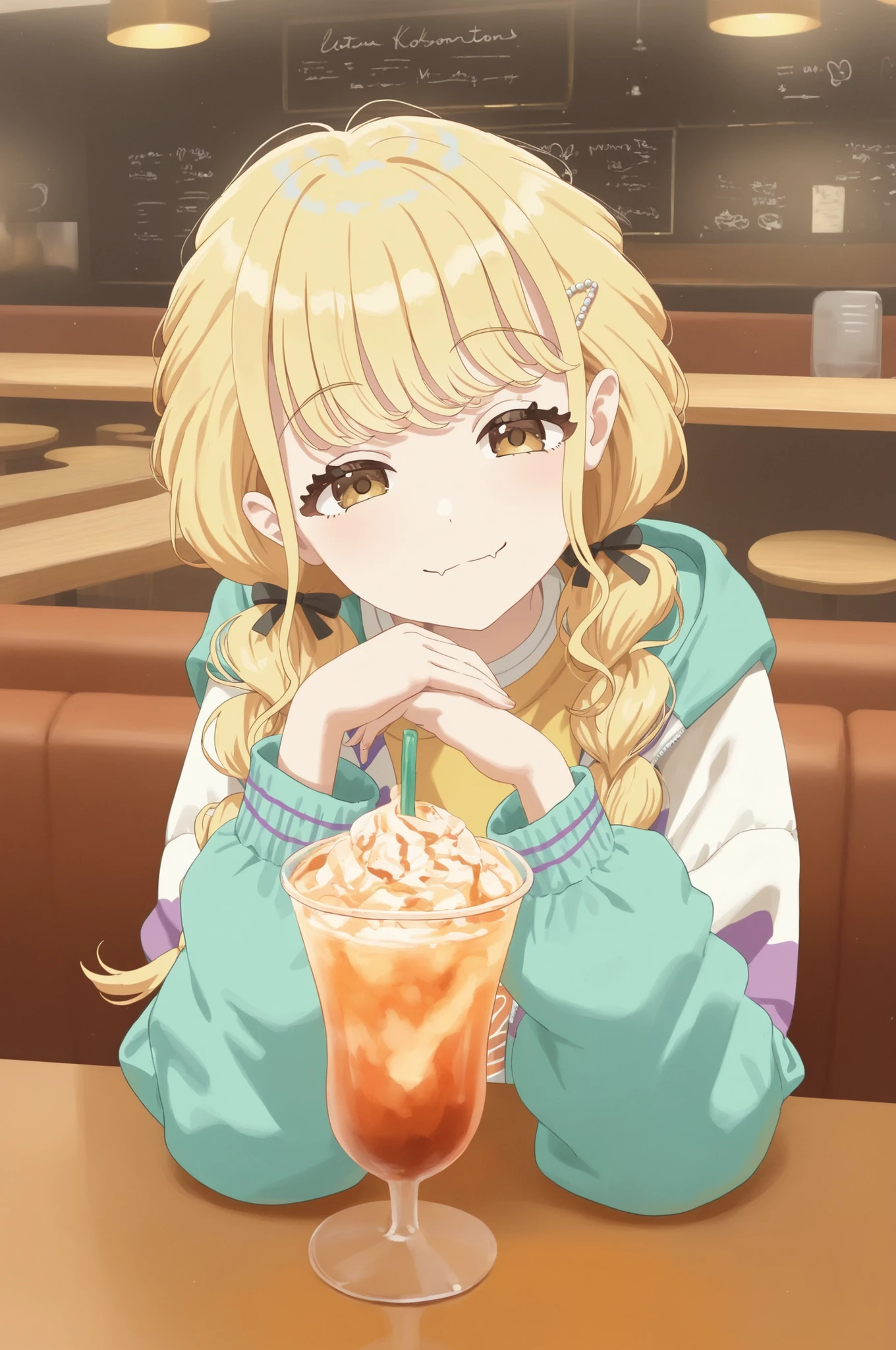 One girl, Fujita Kotone, has voluminous hair, long eyelashes, looks at me and smiles at a pop cafe interior sitting across a sweet drink table, composition seen from the front, high image quality