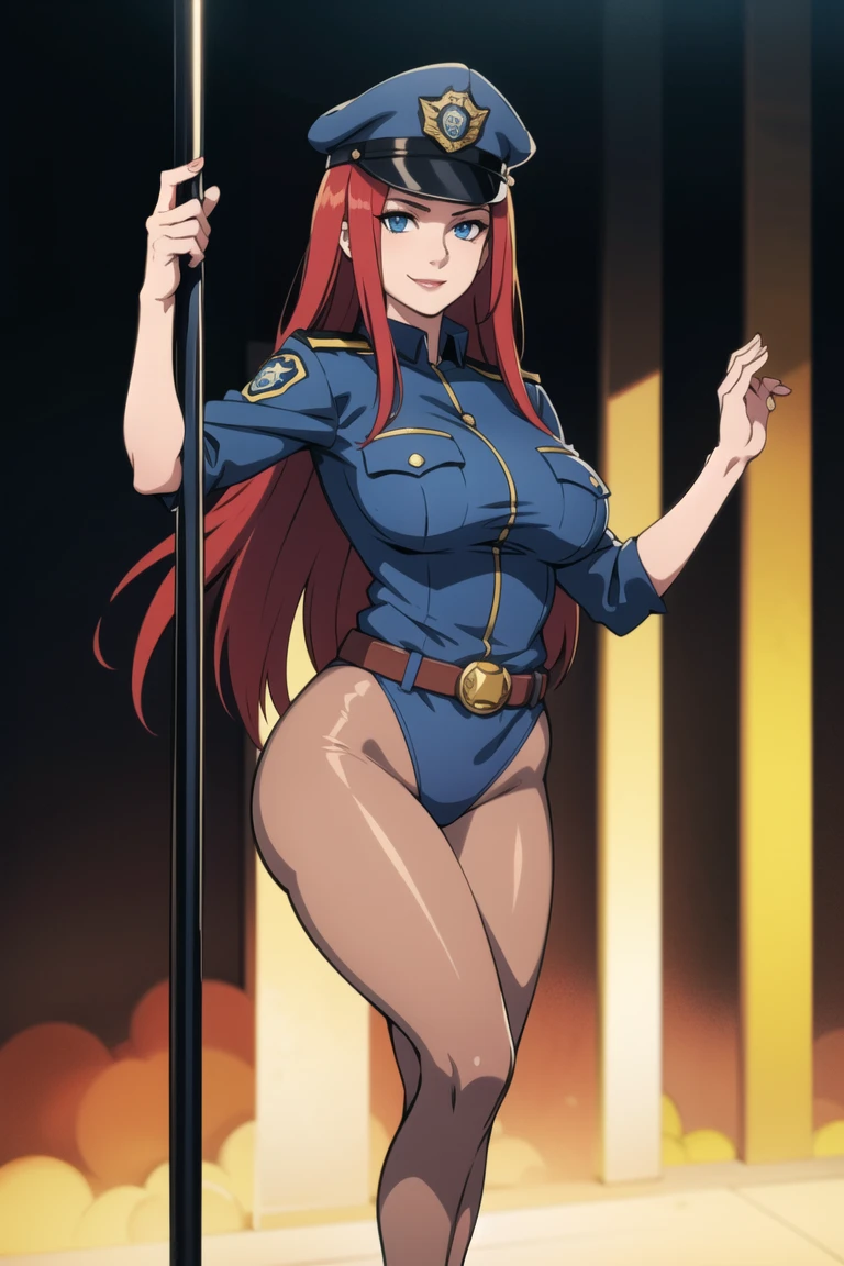 There is a woman in a police uniform, official, police official, (Yoshida Yuuko), relaxed police, Attire: cop, redhead woman, yoshida yuuko wearing a police uniform, high resolution commission, sheriff woman, Lois van Baarle y Rossdraws, bottomless, leotard blue, bare legs, sitting on a chair, (((his hands are behind his body)),((The whole body is tightly bound.)) in jail,