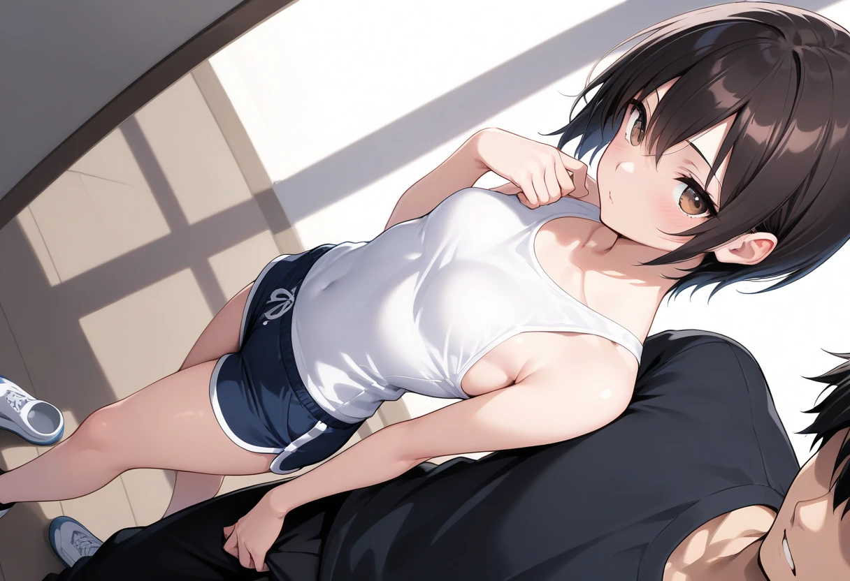 best quality, masterpiece, highres, solo, {saitou_miyako_oshinoko:1.15}, brown_hair, bangs, long_hair, earrings, jewelry, hair_between_eyes, closed_mouth, purple_eyes, 1girl, hair_bun, single_hair_bun, black_shirt, shirt, grey_background, portrait, collarbone, armpits, spread legs, pussy, panties aside