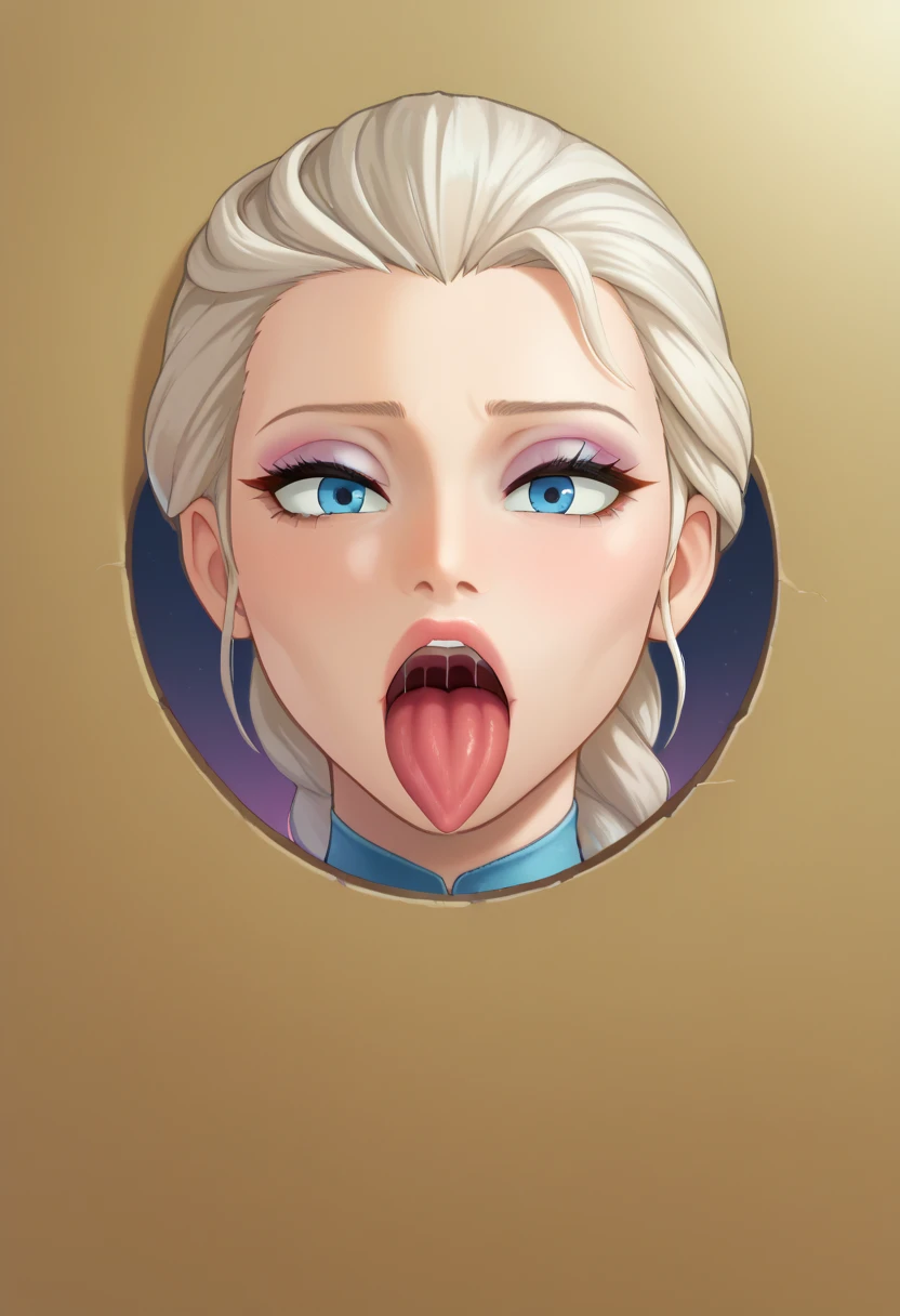 sucking dick, blowjob, open mouth, saliva, drooling, wet, cum on mouth, cum on tongue, cum on face, huge breasts, big ass, big thighs, blush, crossed-eyes, front view, looking at the viewer, milf, ahegao, rolling eyes, tongue, Perfect slim body, Elsa