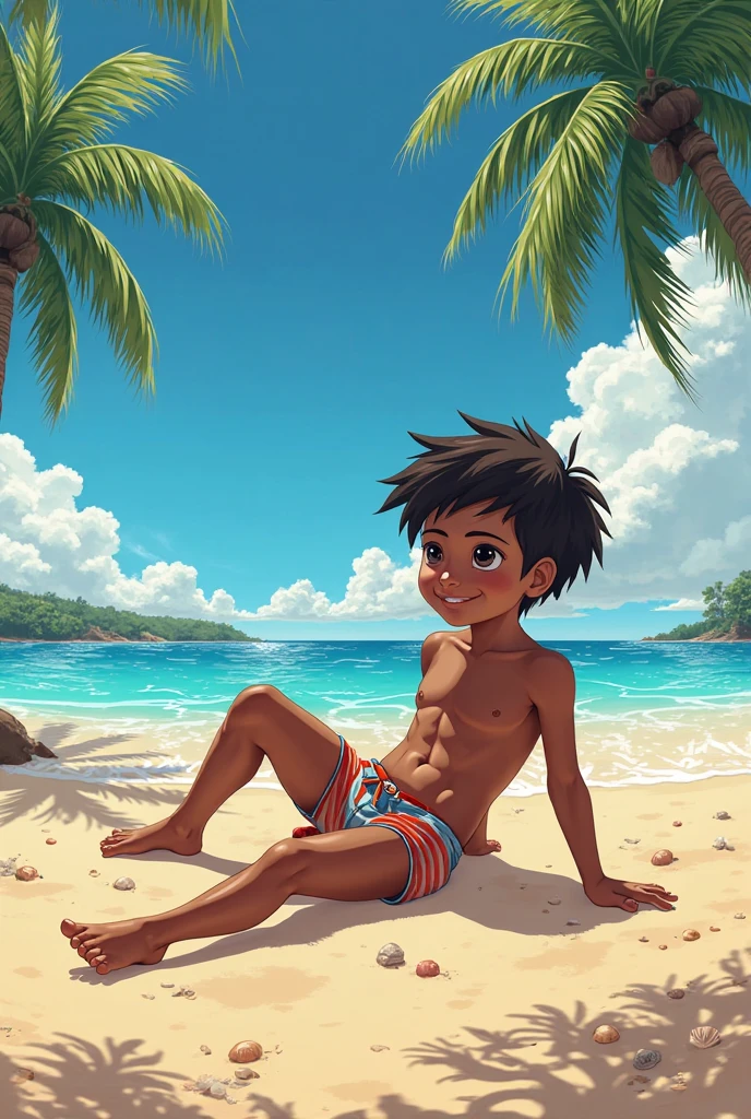 African boy in slum.thin figure，Emaciated figure，A little bit of abdominal muscle contouring，skin glow, nude, penis, balls，Many people，African tribes，beach background，people coming and going，Soaked all over，sweating