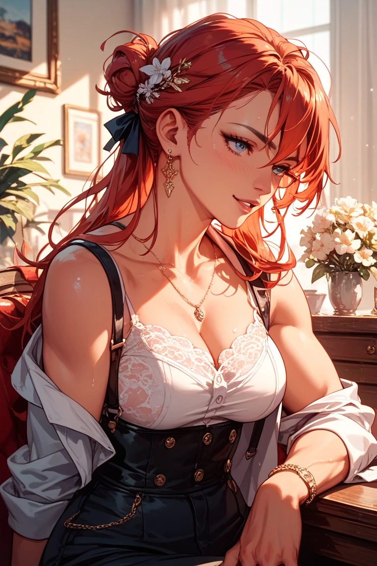 Anime - image of a more mature woman with green eyes, mischievous look in an unbuttoned corset, unbuttoned to the belly, sitting on a bed, view from above, view from above, close-up, detailed leather corset, breasts well visible to show, almost uncovered, well uncovered, large and voluminous, red hair with braids over the breasts, braids fallen over the voluminous sweaty breasts (hot day),  Steady face and seductive staring gaze, mouth half open, hand touching chin, hand on chin, adult woman (+1 8) seen from above, looking from above, close-up, light light coming in through the window, vintage room, antique furniture, illuminated by window light, shadow and contrast, beautiful seductive anime woman, lascivious (POV), +1 8