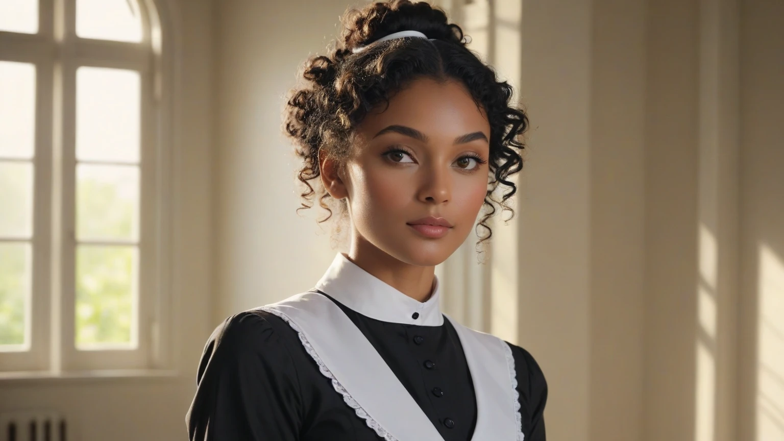 brown girl, short curly hair tied with afropuff hairstyle, dressed in catholic church tunic 