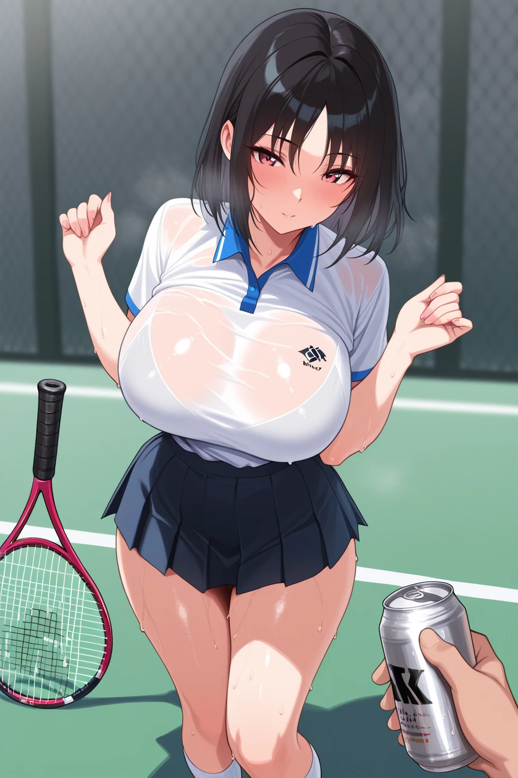 ((Best Quality)), ((masterpiece)), (detailed), 1 girl, playing tennis, with tennis uniform, sweating, big breasts, wide hips, on a tennis court,((Whole body)),((looking at the viewer))