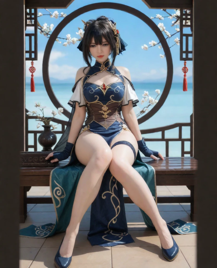 delicate face, Detailed beautiful delicate eyes, Depth of field, Ray tracing, perspective,20's,(Pretty K-pop girl group:1.2)+korean ulzzang face, 1woman, full body shot, beautiful face, 1girl, blue eyes, (shades:1.4), hair ornament, jewelry, hairband, blue hairband, grey hair, smile, long hair, under Boob, looking at viewer, no glasses