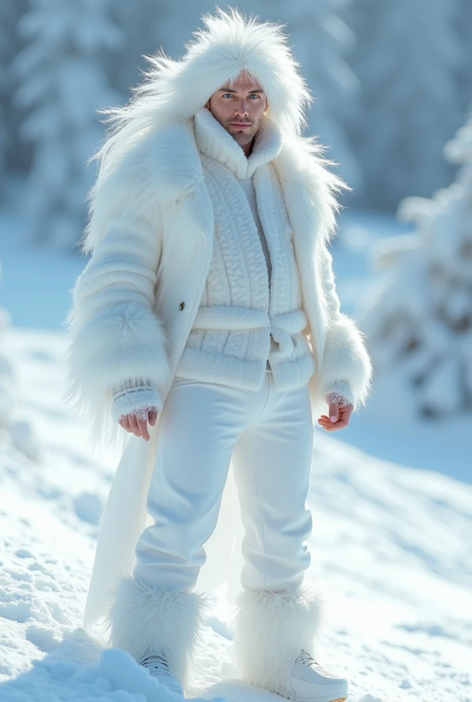 handsome boy, European style hair.  wearing a book coat made from a snow bear, wearing nothing but a white fur coat, slightly visible thighs.  very sexy, real prominent body curves, tight muscles, real detailed skin pores, walking in a forest full of snow.  passionate atmosphere.  Highly detailed 3D work 800k lighting, HD, 8k.  perfect anatomy.     Full body shot.