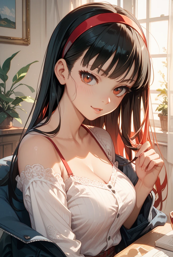 Adult Woman, masterpiece, 1girl, Amazing Cleavage:1.3, thin waist, big ass, Raised sexy, medium breast:1.3,posed cleavage:1.2,solo, open mouth, have a cup of coffee,black hair, red eyes, dress, bare shoulders, jewelry, collarbone, sidelocks, hairband, earrings, indoors, off shoulder, arms behind back, plant, short hair with long locks, black hairband, sweater dress, off-shoulder sweater, red sweater, big side hair, very long side hair,is rendered in (masterpiece: 1.2, best quality), with (ultra high resolution) and an exquisite (depth of field). This masterpiece is not only visually stunning but also tells, make of cooking some cakes ,in the kitchen,Long dark blonde wavy hair、her thin pubic hair, Puffy nipple、(short flared skirt)、garter stocking、Earring、Medium milk, cute smile face、(Pose to lean forward and emphasize the chest)、sexy hips、high-heels、atlibrary、((Close your arms to your chest and look up)),(with sparkling eyes and a contagious smile), looking at viewer,