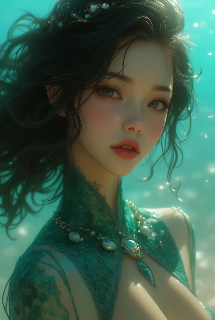 masterpiece,best quality, jade, jade sculpture, 1 girl , bikini, bare shoulders, short hair, sea wave, ((coral)) , floating rock, front light, cinematic light<lora:Jadestyle_V1:1>