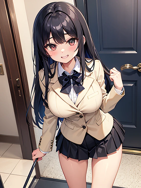((porn)),(nude body),official art,extremely delicate and beautiful,extremely detailed CG,unity 8k wallpaper,ultra detailed,beautiful detailed eyes,extremely detailed face,on the bed,1girl,solo,full body,(portrait:1.5),looking at viewer,facing viewer,smile,Kuhouin Arisa,long wavy blond hair,sleep position,lure,Spread your legs and wait.,sidelocks,parted bangs,brown eyes,female underwear,blazer,wing collar,red bowtie,whi,long sleeves,large breasts,buttons,miniskirt,black thighhighs,loafers,black footwear,Big breasts,nude,Get naked,see breasts,obscene,fullbody