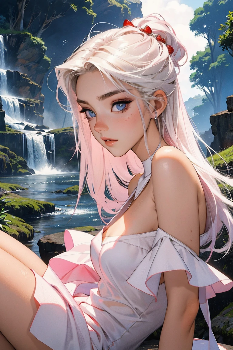 （lifelike， high - resolution：1.3）， 1 girl with a perfect body，slender body, Super fine face and eyes，assasin, dark makeup, shiny skin，white hair,((torn and ripped jungle clothes underneath lab coat)， Expose cleavage, extravagant makeup, pink eyeshadow, dark makeup shocked expression,  shiny skin, action pose, extravagant makeup, leopard print, lab coat, savage lands, feral lands, (waterfall, soaked), grey blue eyes, (disheveled hair)
