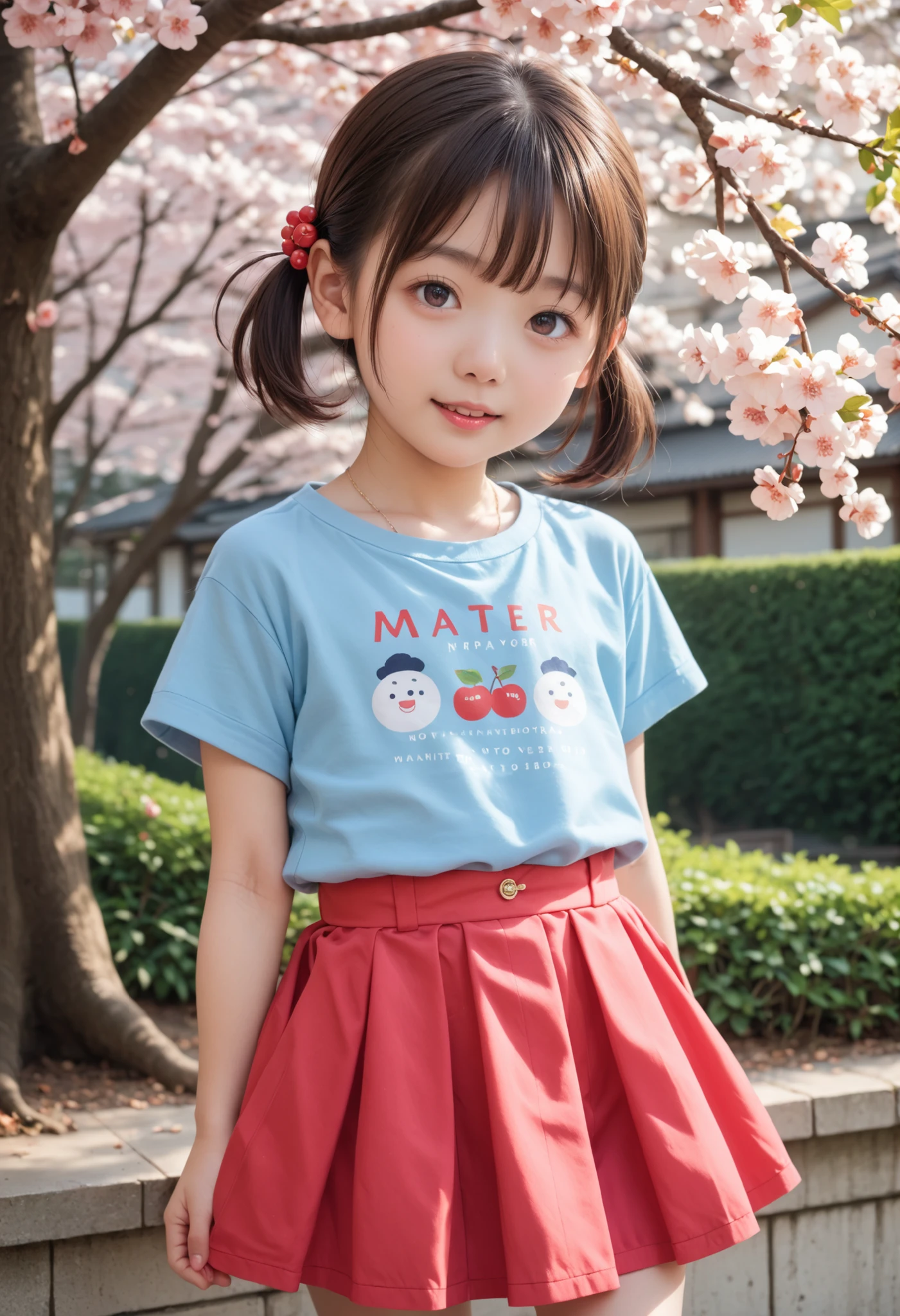 8k,masterpiece,Japanese,9 year old girl,from the front,innocent face,gentle eyes,child dish,Tees,short sleeve,short skirt,from the front半長い,noon,Bright,cherry tree
