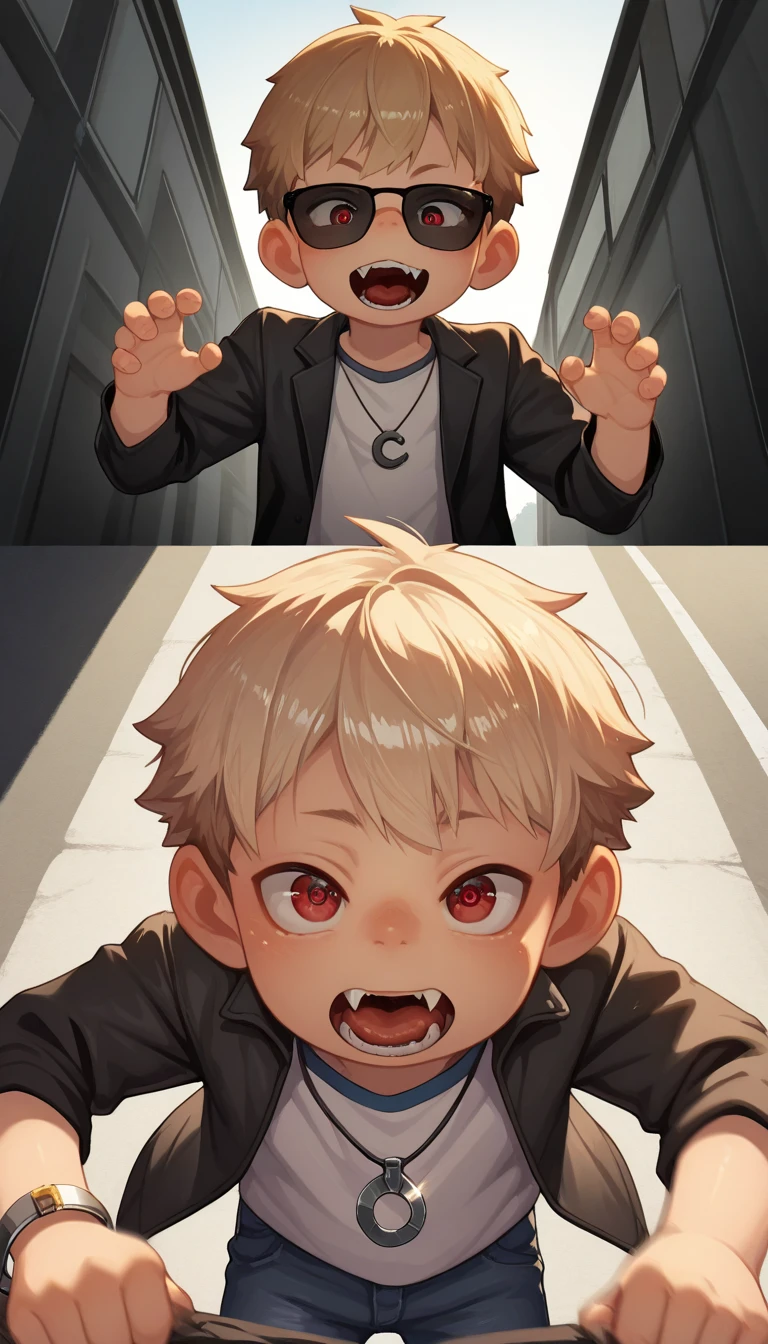 a picture of a small child standing behind a door, his face is half hidden, he smiles, evil smile, blond hair, curly hair, red eyes glowing eyes, wearing white shirt, wearing short pants, modern day child room background, toys spread background,