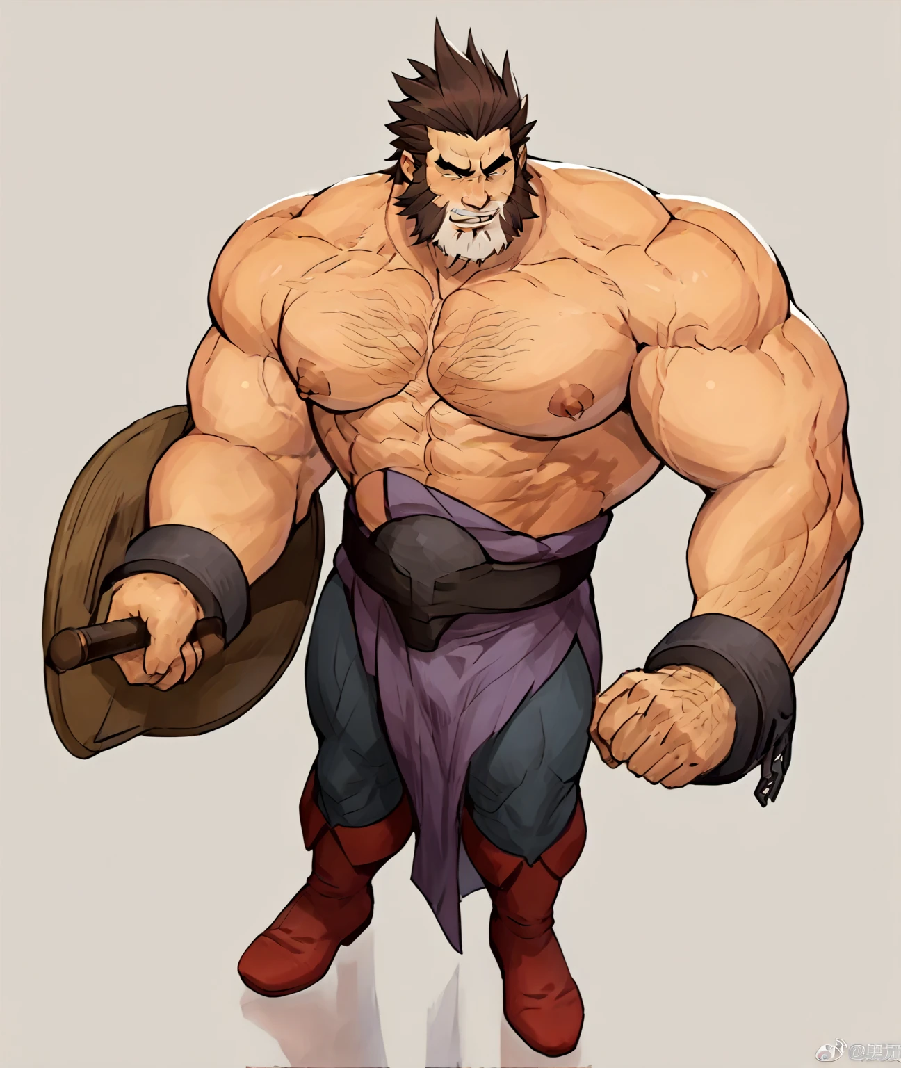 a tall muscular light brown haired man with big beard showing his big wide feet