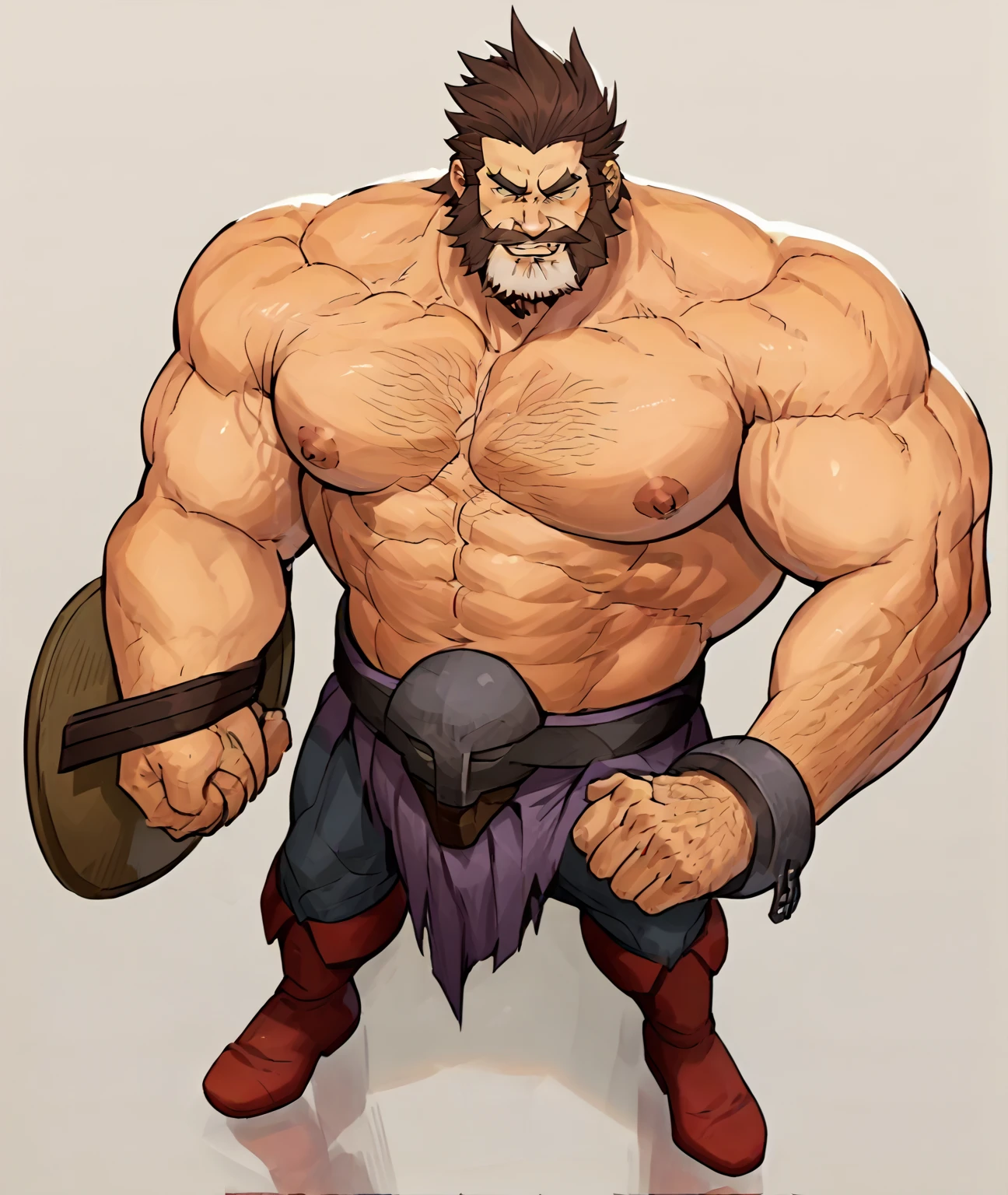 A naked without clothes or pants muscular hairy man with a brown skin, a big amount of chest hair, a black beard, black hair, with big  and cum on his abs and scars, raising both hands wide open as he is smirking while having a side smile, let him have a pierced in his nipple and make him in the style of Overwatch characters as Cassidy reference. Make him cum from his  and show his penis in overwatch style art