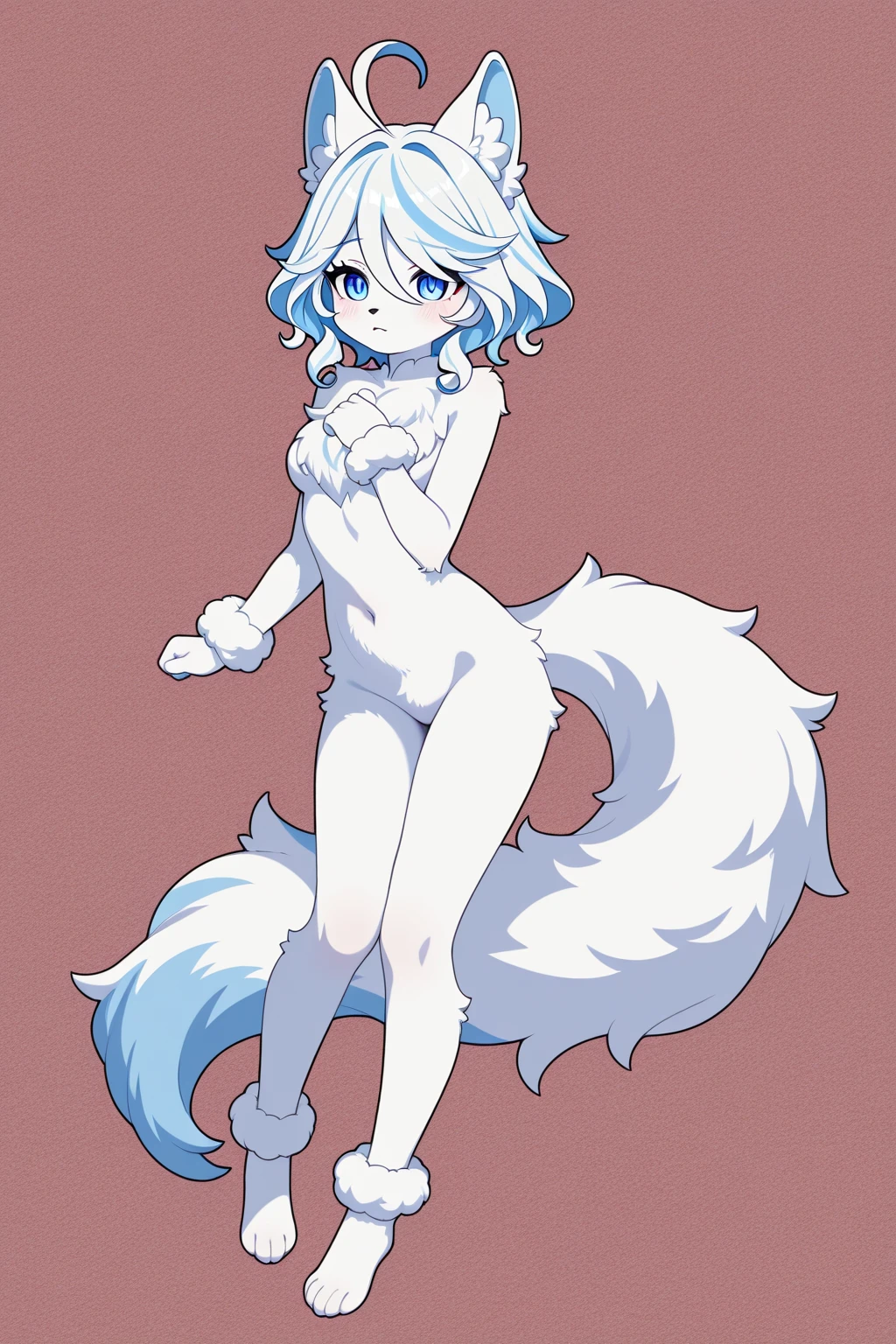 (furry:1.2), foco no corpo, belas luzes e sombras, cabelo branco, olhos azuis, pelo branco fofo, ajoelhado no chao, lingerie rendada, envergonhada, fundo floresta