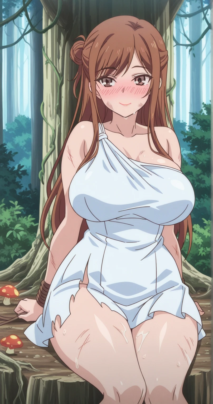 NJAkiV4, short night dress, (white dress) , takeda hiromitsu style, best quality, high resolution, black hair, ponytail, (enormous breasts), shiny skin, (elegant), deep cleavage, wide hips, thick thighs, (big ass), (excessive breast expansion), earrings, skindentation, horny, huge breasts, forest, alluring, tight clothes, choker, (hearts), outgrown clothes, (slut), huge breasts, (veiny breasts), (chubby), (plump), cowboy shot, (midriff), elf, long ears, pointed ears