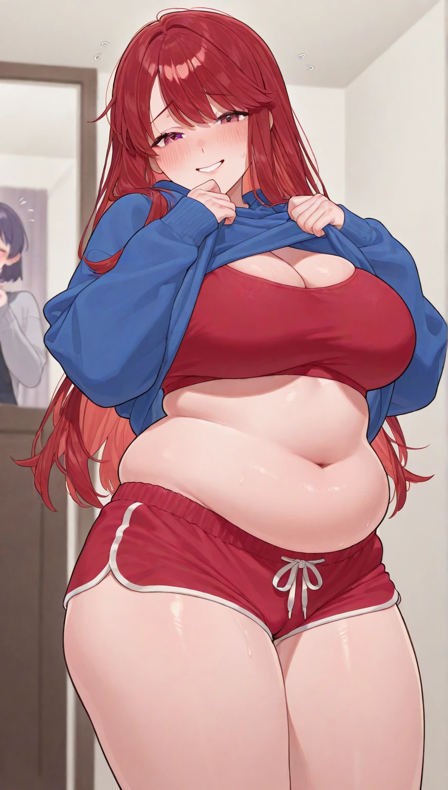 (Best Quality, Masterpiece),sexy, erotic, 1girl, 18 years old, Contempt, pride, long red hair, looking at viewer, bedroom, (standing), ((dark room)), sweat, ((cleavage)), warm light, ((belly grab)), ((blush)), raised eyebrows, perfect hands, bedroom, (((underwear))), abdomen, thick thighs, panties, (from below), star hair ornament