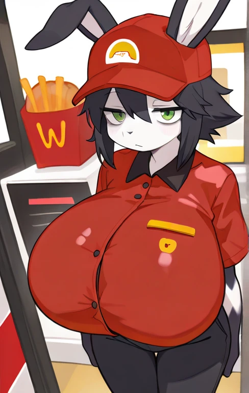 hairy mouse mom , McDonald's crew , round face , (tilt face:1.1) , (half-open wink:1.2) , moist round eyes , Swollen cheeks , dark color hair , Maternal smile , glossy lips , (McDonald's uniform , tight-fit slacks pants) , (Faded bodypainting:1.1) , erect nipple , in the McDonald's inside couter , McDonald's logo cap , (dynamic working move  , Carried a hamburge)